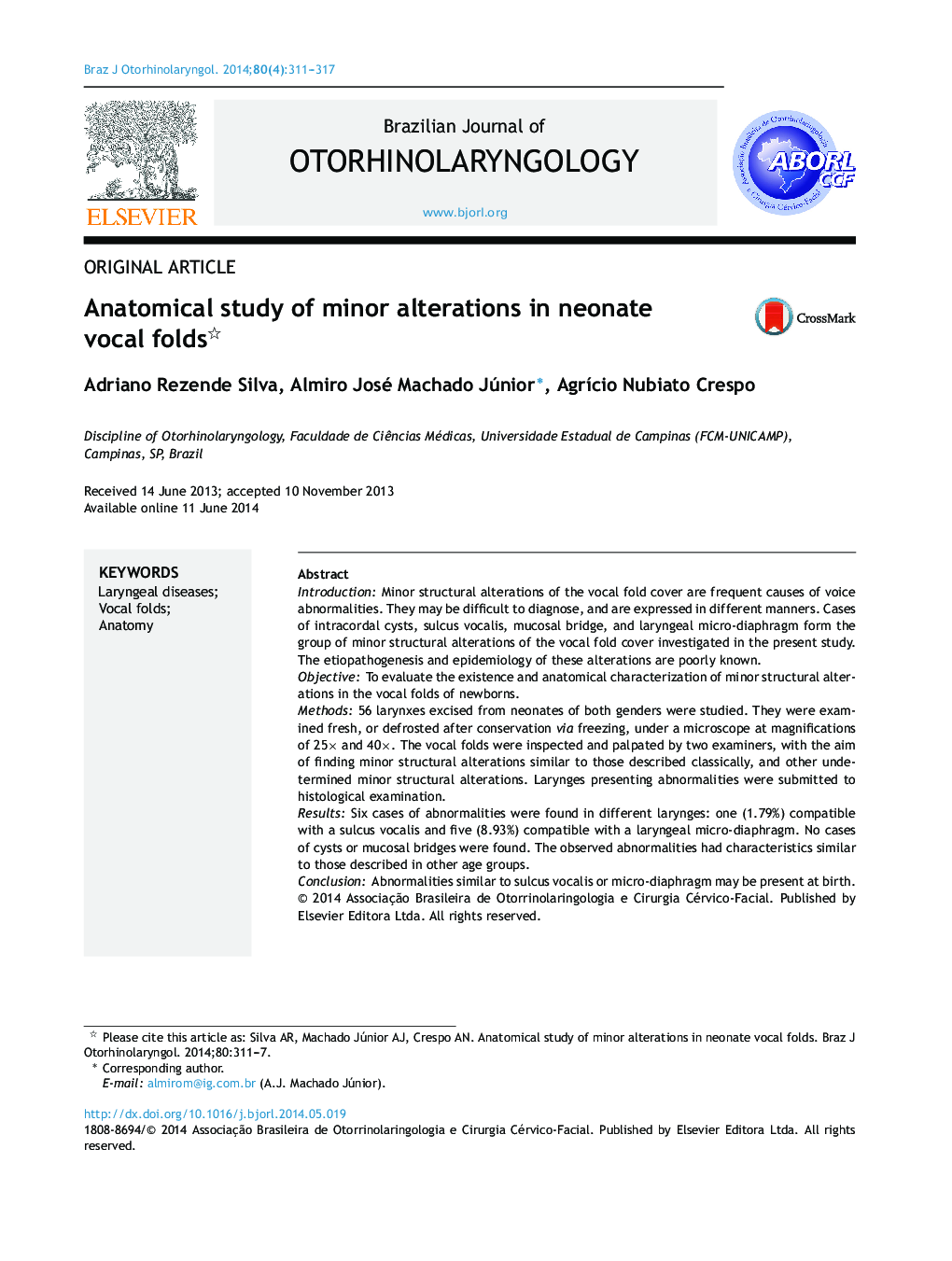 عکس صفحه اول مقاله: Anatomical study of minor alterations in neonate vocal folds Anatomical study of minor alterations in neonate vocal folds