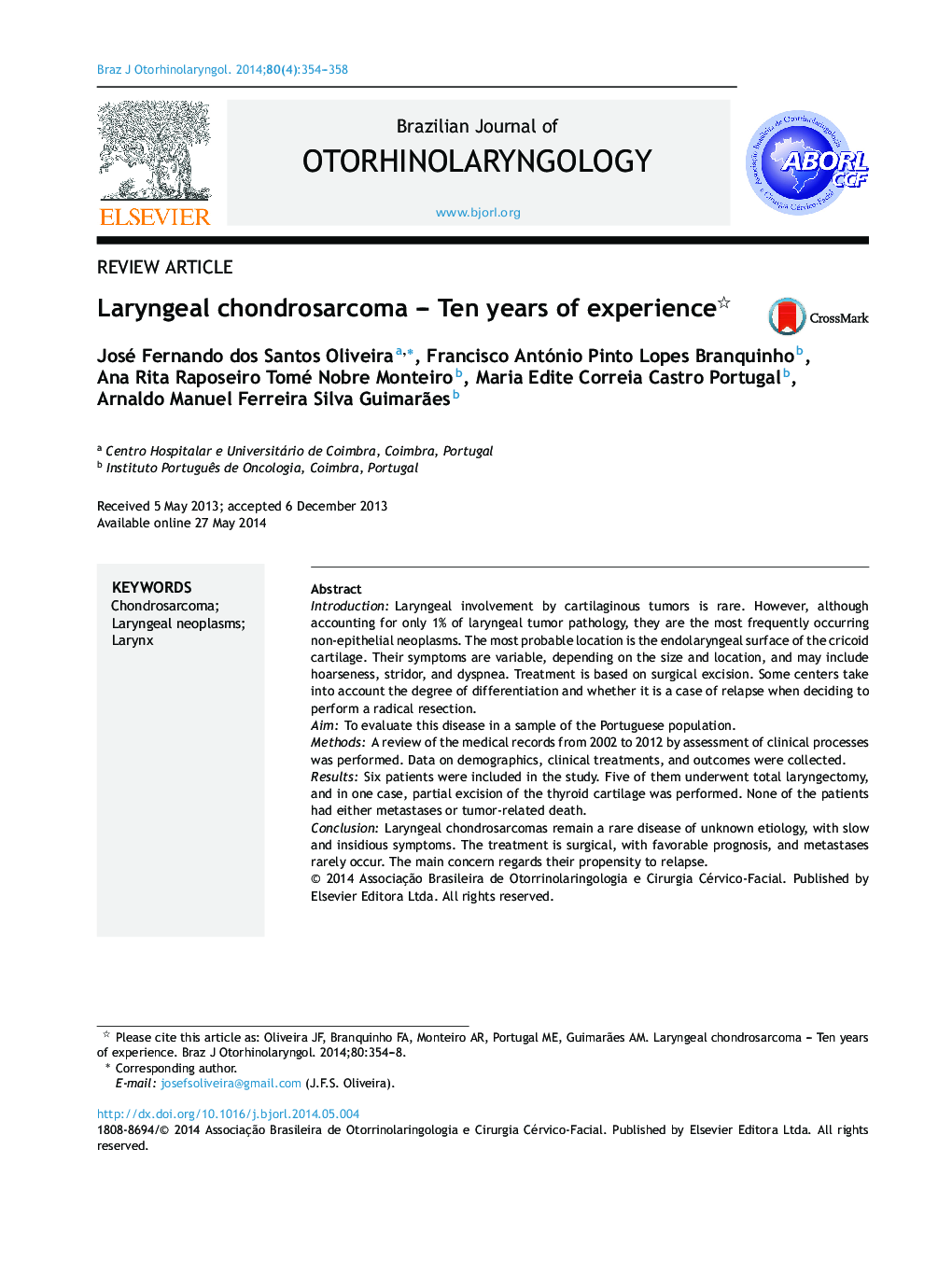 Laryngeal chondrosarcoma – Ten years of experience 