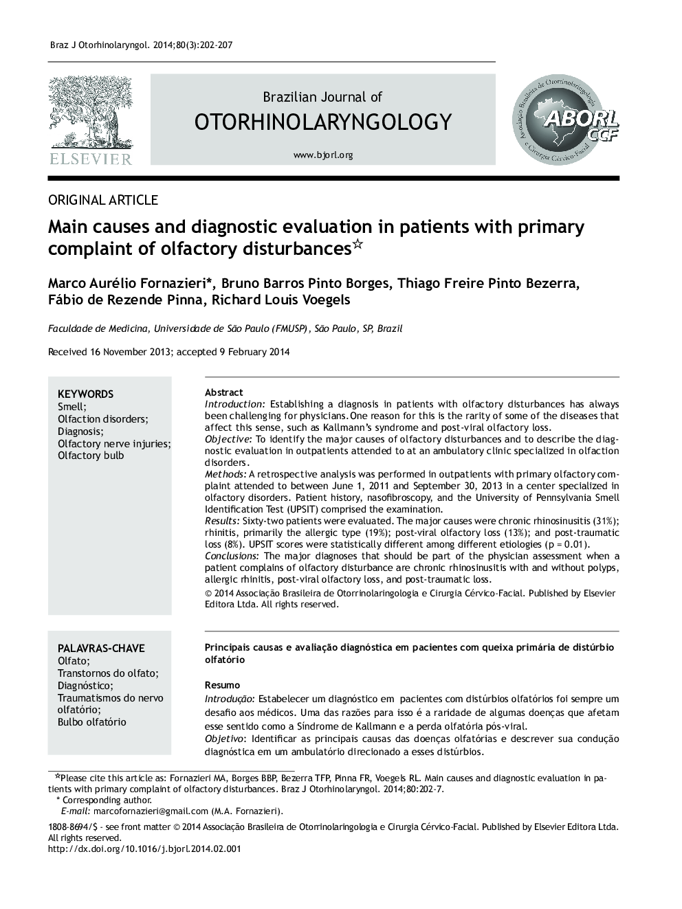 Main causes and diagnostic evaluation in patients with primary complaint of olfactory disturbances 