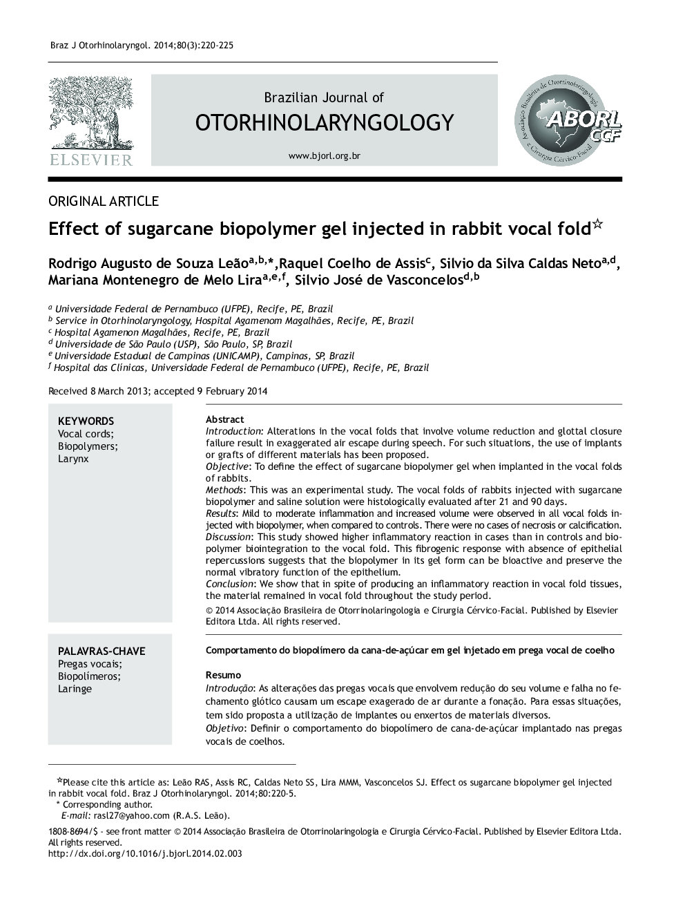 Effect of sugarcane biopolymer gel injected in rabbit vocal fold 