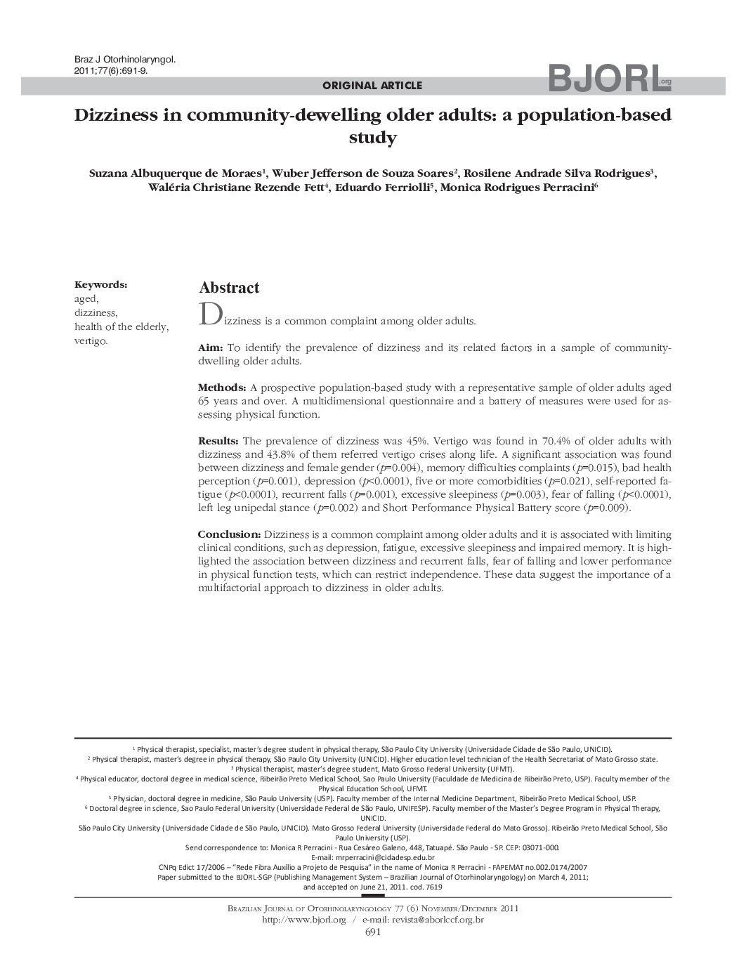 Dizziness in community-dewelling older adults: a population-based study 