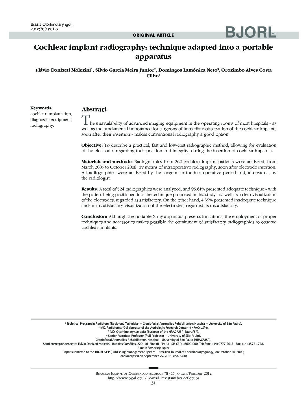 Cochlear implant radiography: technique adapted into a portable apparatus 