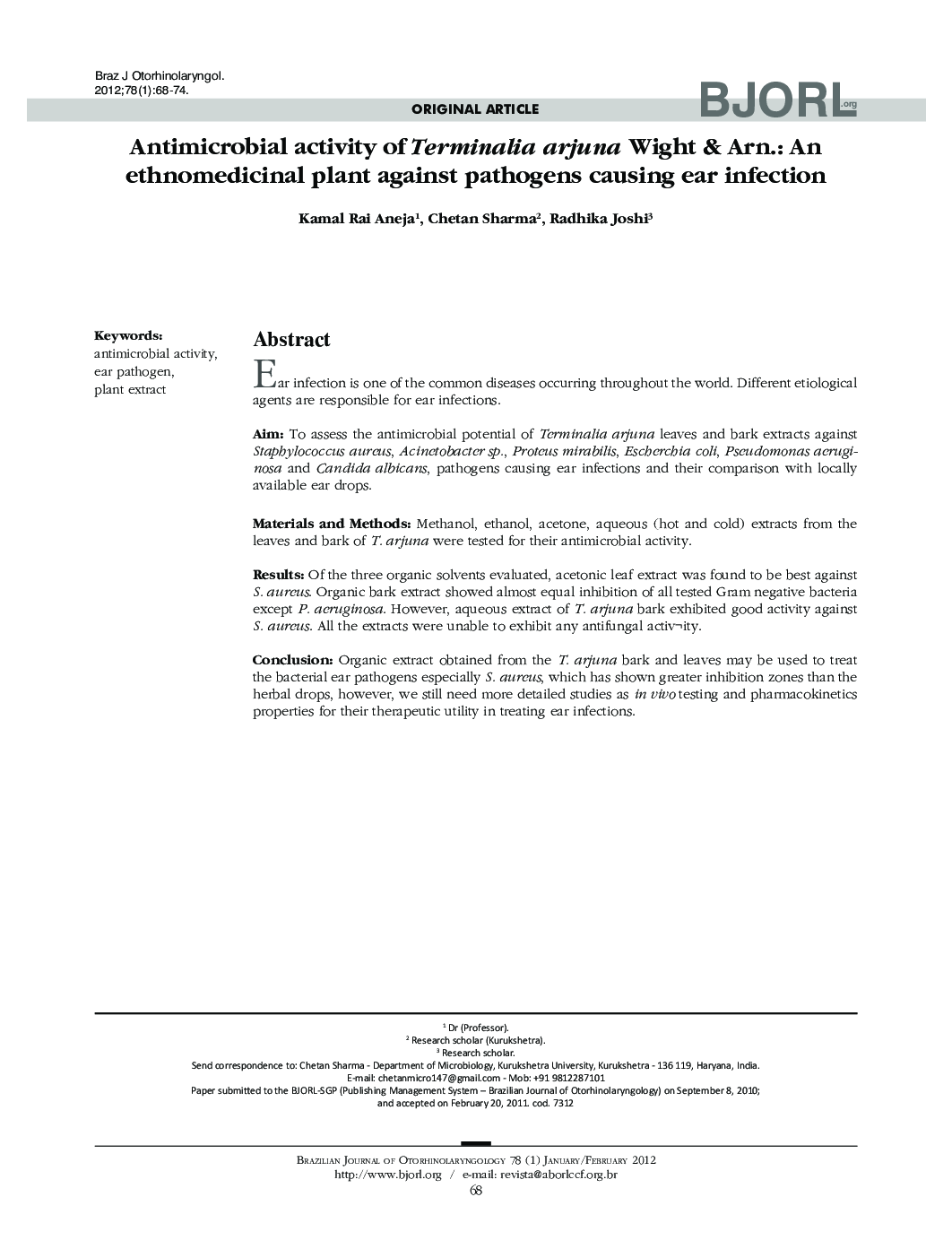 Antimicrobial activity of Terminalia arjuna Wight & Arn.: An ethnomedicinal plant against pathogens causing ear infection 