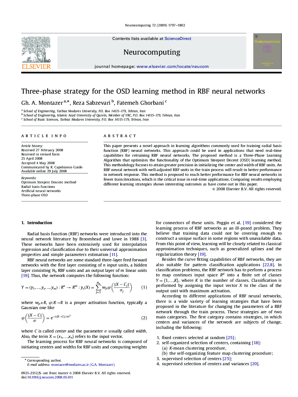 Three-phase strategy for the OSD learning method in RBF neural networks