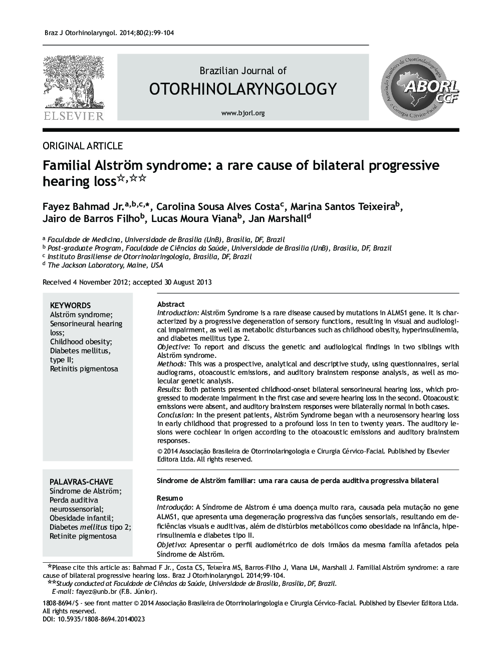 Familial Alström syndrome: a rare cause of bilateral progressive hearing loss ✩,✩✩