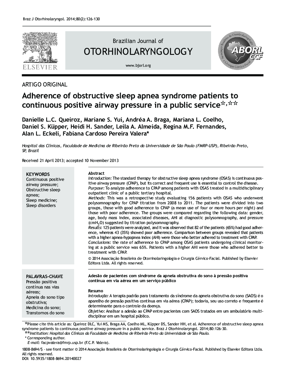 Adherence of obstructive sleep apnea syndrome patients to continuous positive airway pressure in a public service✩,✩✩