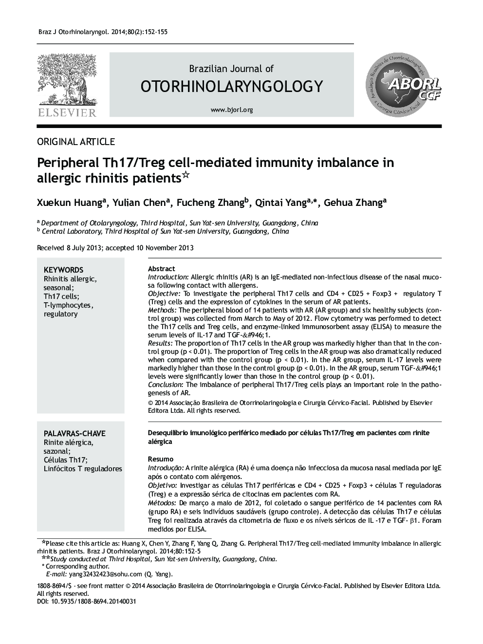 Peripheral Th17/Treg cell-mediated immunity imbalance in allergic rhinitis patients*, **