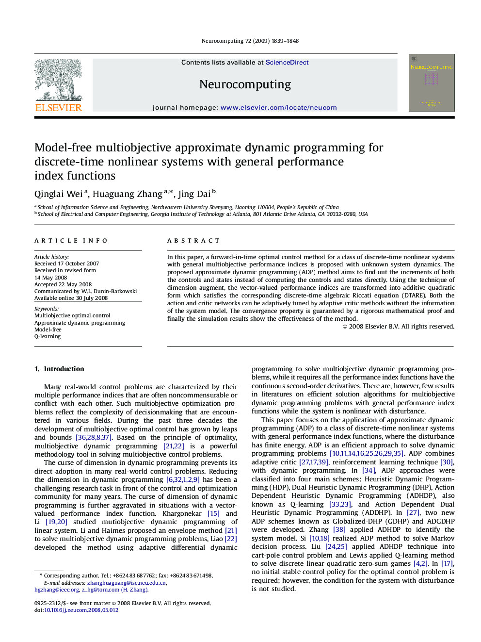 Model-free multiobjective approximate dynamic programming for discrete-time nonlinear systems with general performance index functions