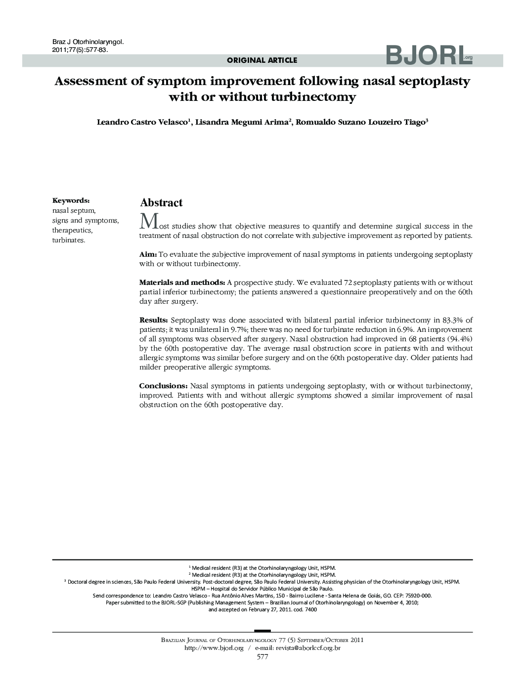 Assessment of symptom improvement following nasal septoplasty with or without turbinectomy 