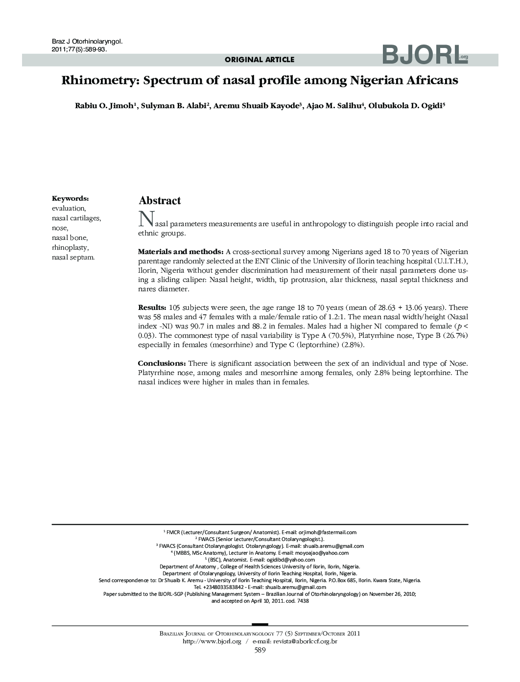 Rhinometry: Spectrum of nasal profile among Nigerian Africans 