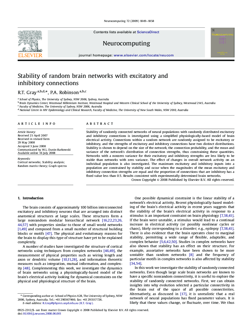 Stability of random brain networks with excitatory and inhibitory connections