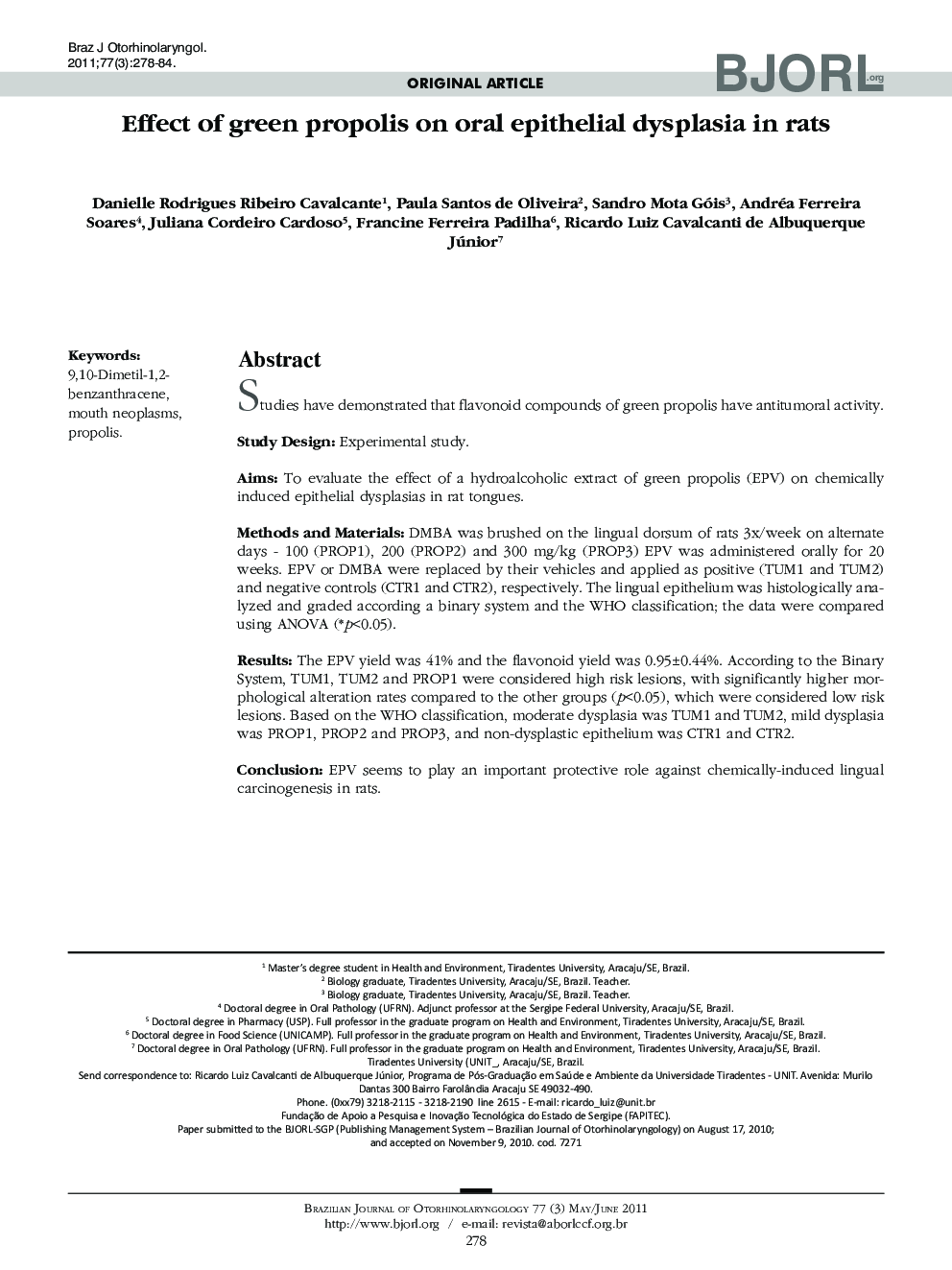 Effect of green propolis on oral epithelial dysplasia in rats 