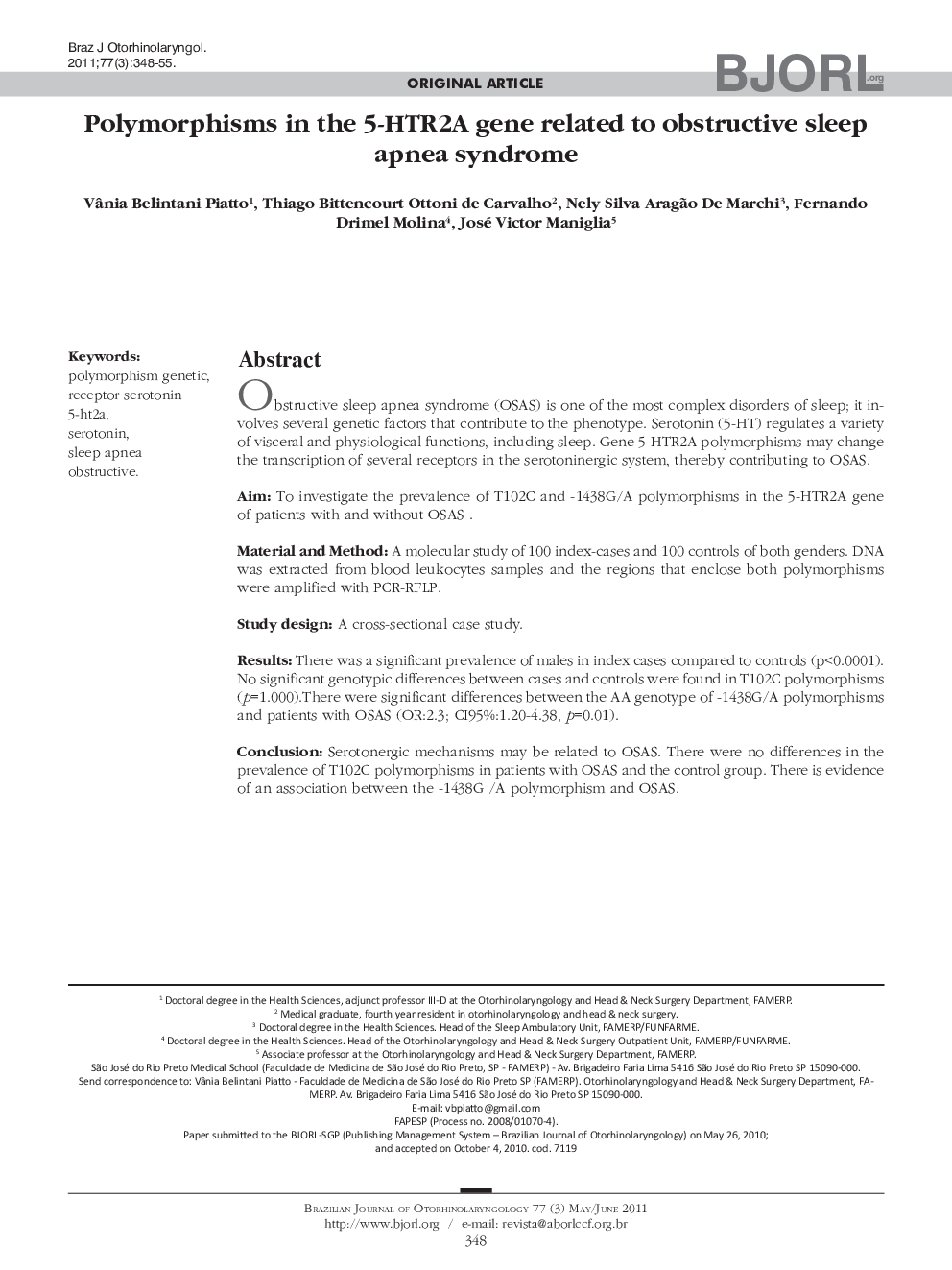 Polymorphisms in the 5-HTR2A gene related to obstructive sleep apnea syndrome 