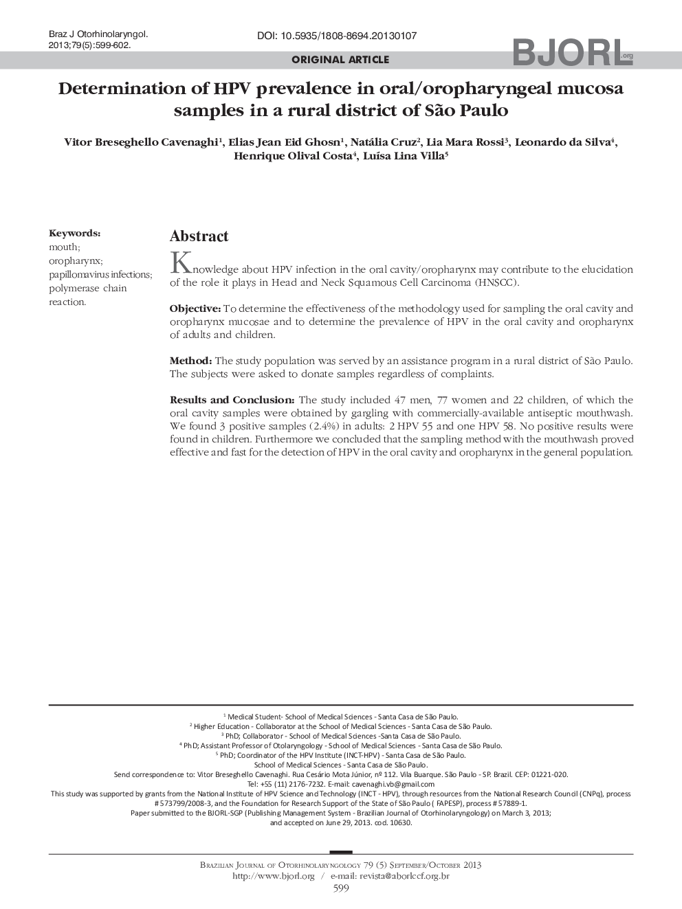 Determination of HPV prevalence in oral/oropharyngeal mucosa samples in a rural district of São Paulo 