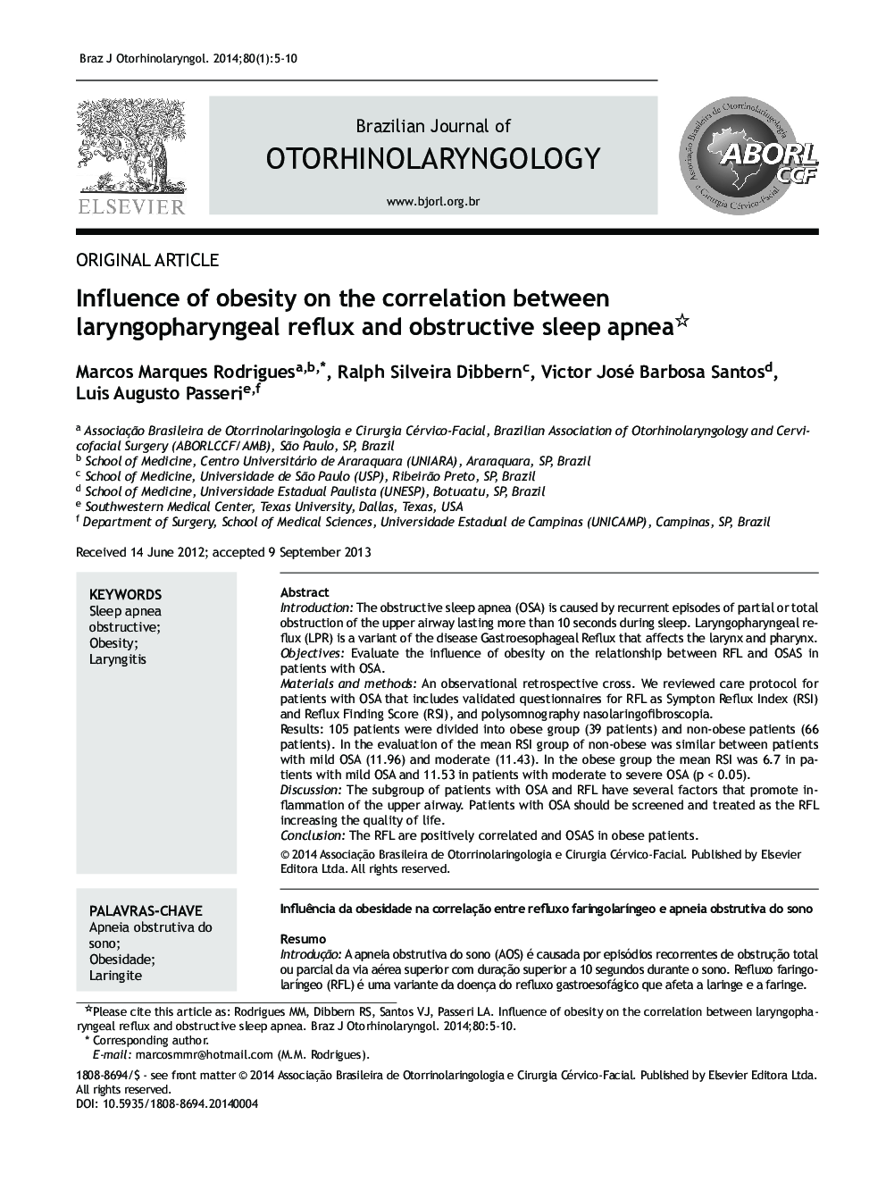 Influence of obesity on the correlation between laryngopharyngeal reflux and obstructive sleep apnea✩