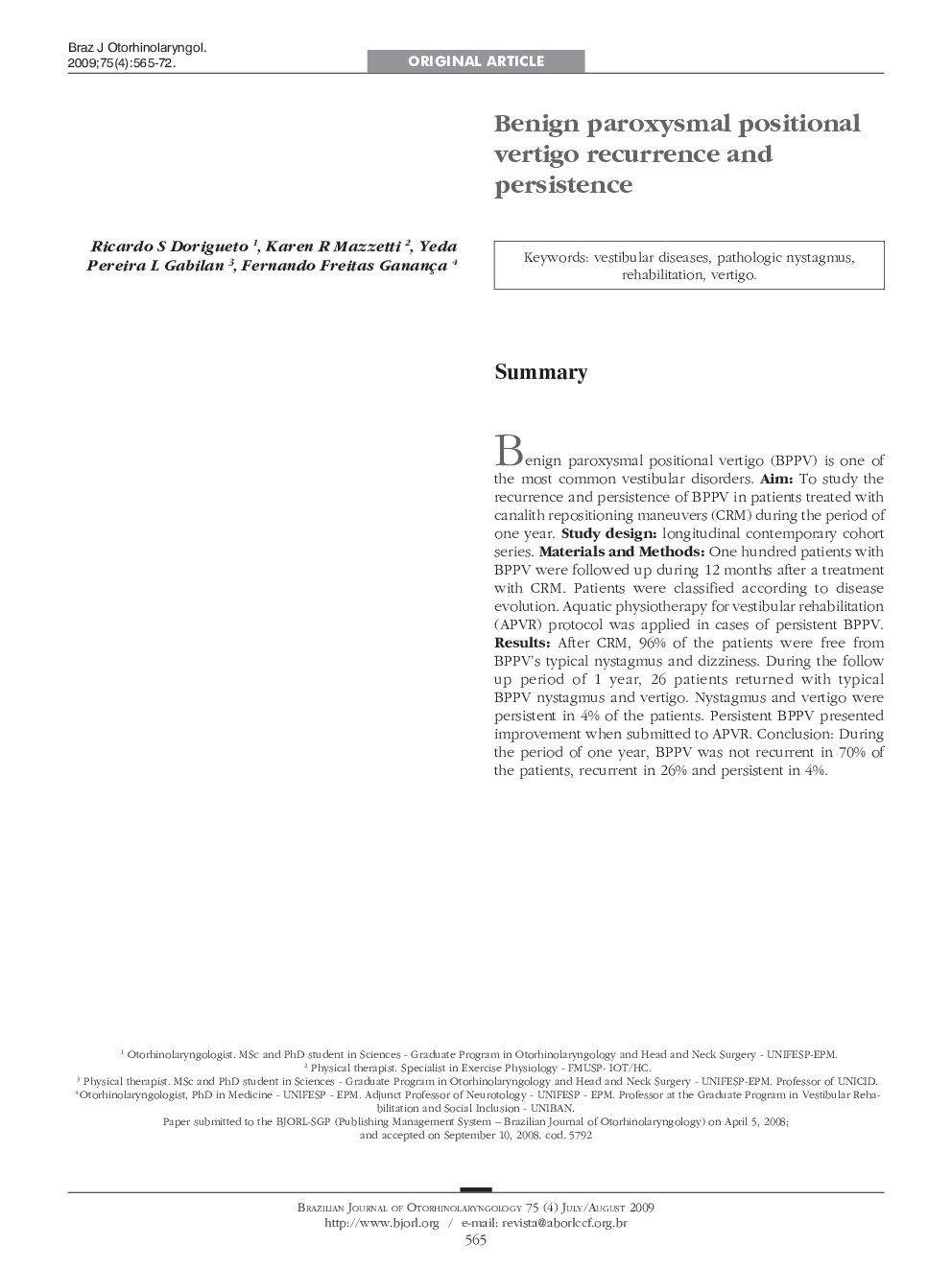 Benign paroxysmal positional vertigo recurrence and persistence 