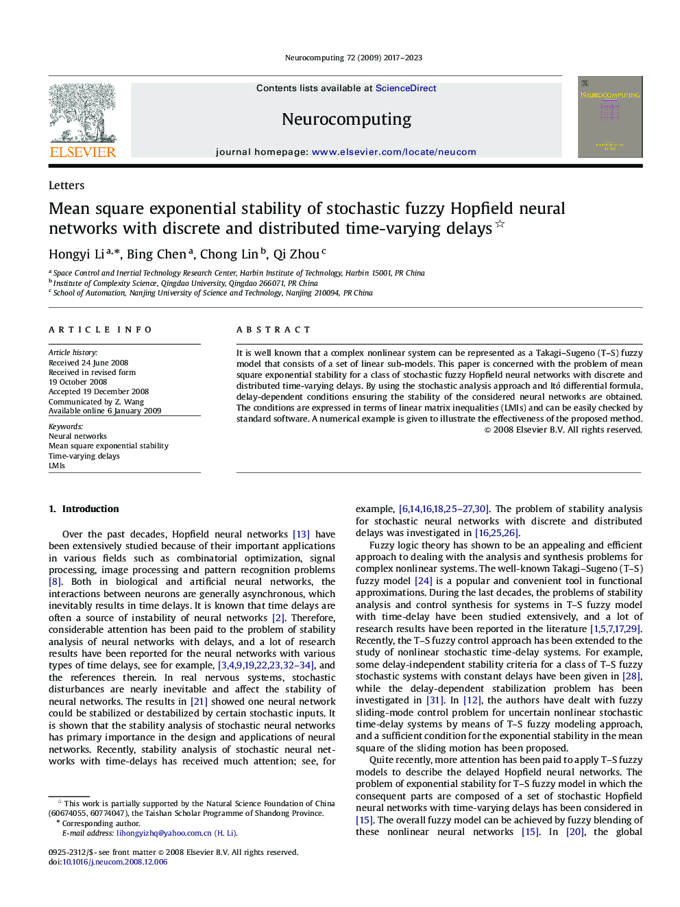 Mean square exponential stability of stochastic fuzzy Hopfield neural networks with discrete and distributed time-varying delays 