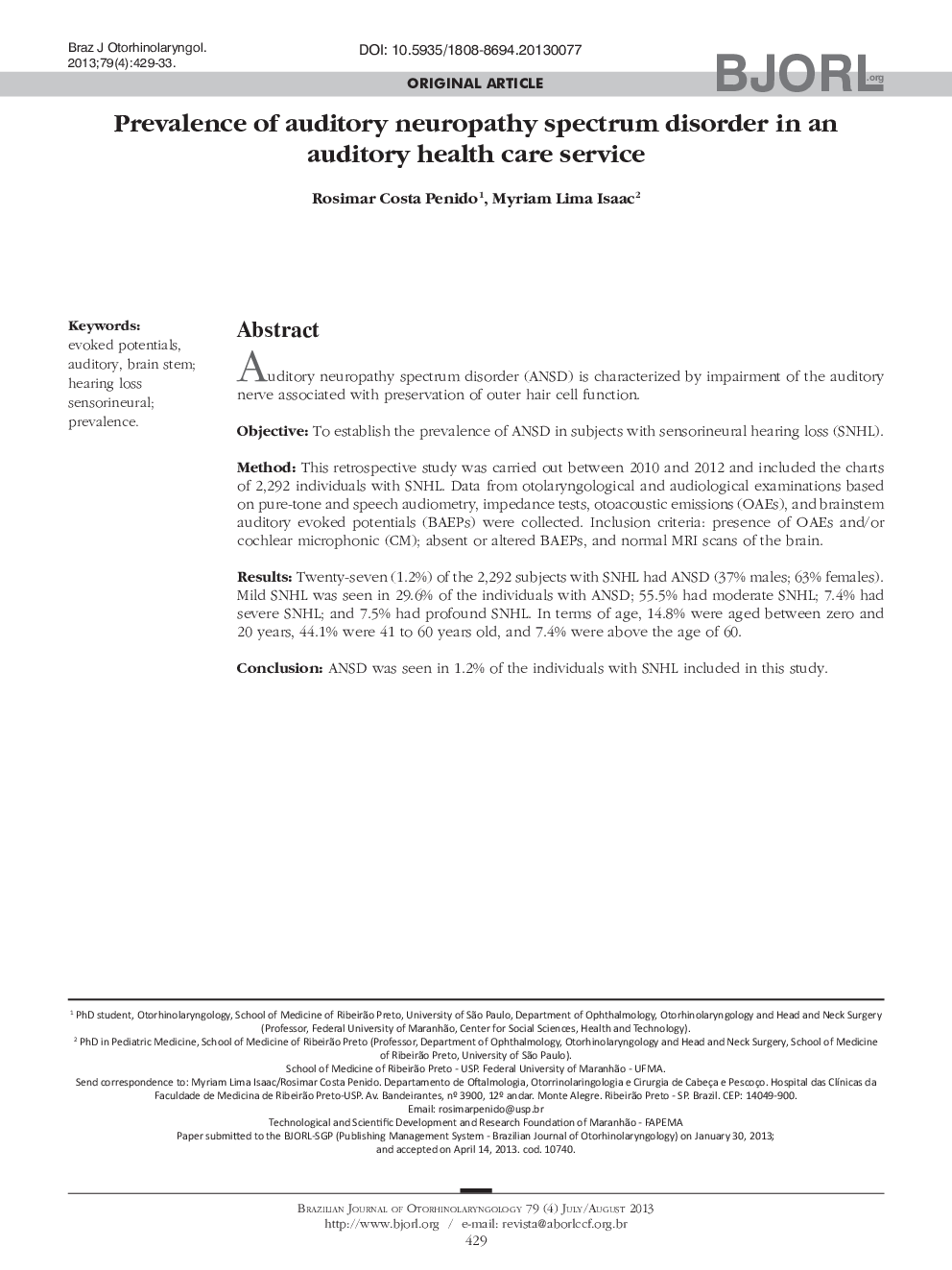 Prevalence of auditory neuropathy spectrum disorder in an auditory health care service 