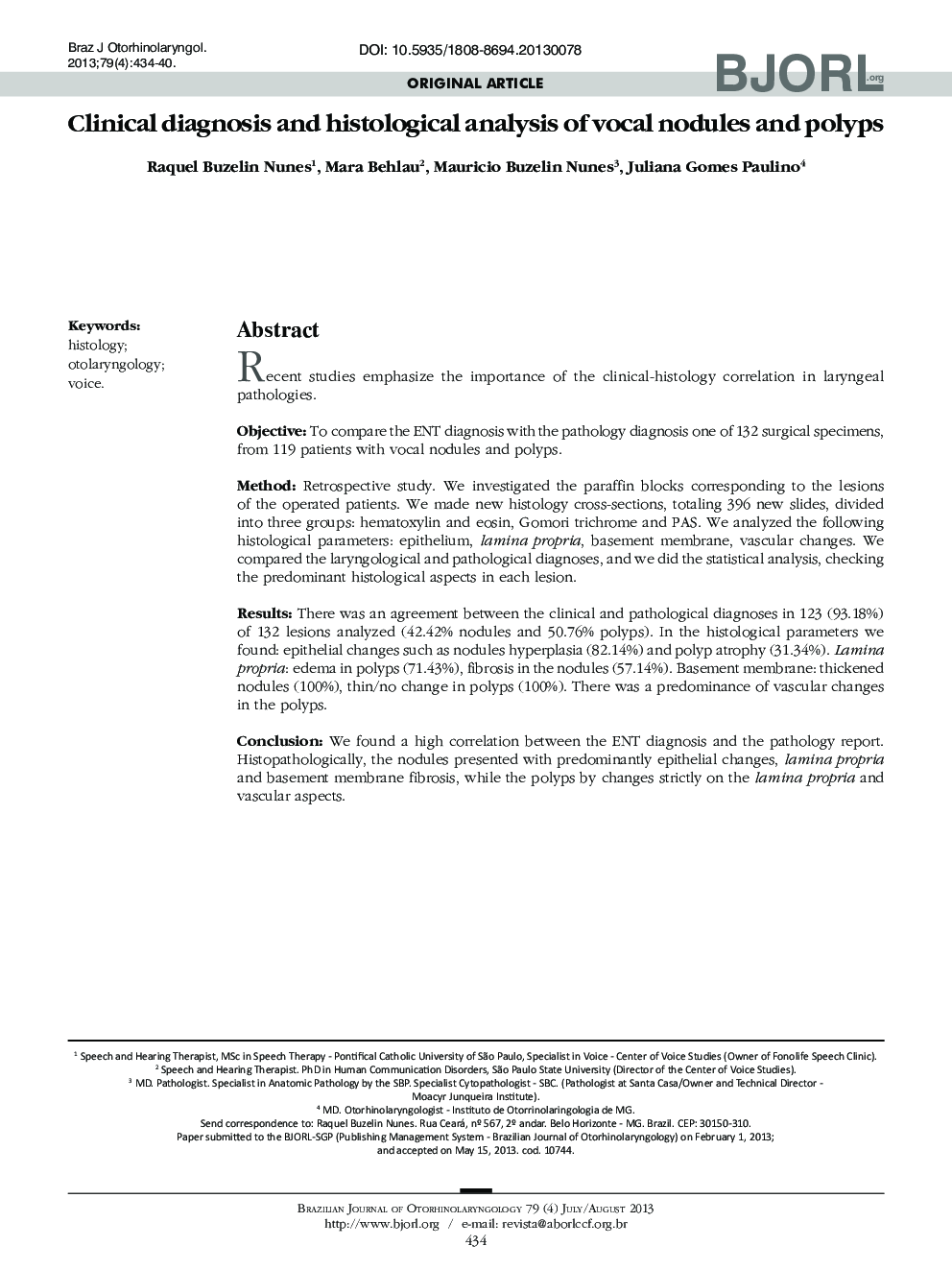 Clinical diagnosis and histological analysis of vocal nodules and polyps 