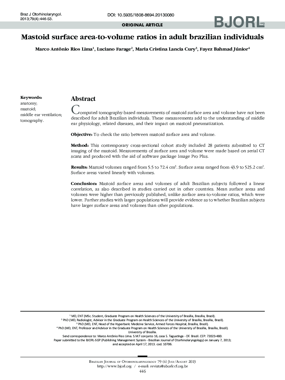 Mastoid surface area-to-volume ratios in adult brazilian individuals 