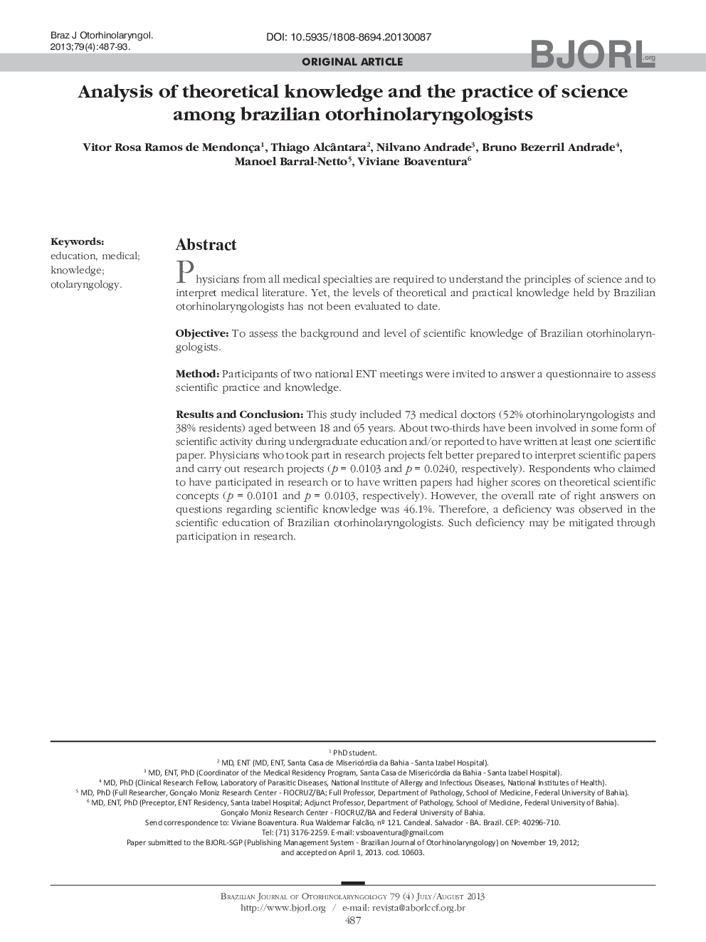 Analysis of theoretical knowledge and the practice of science among brazilian otorhinolaryngologists 