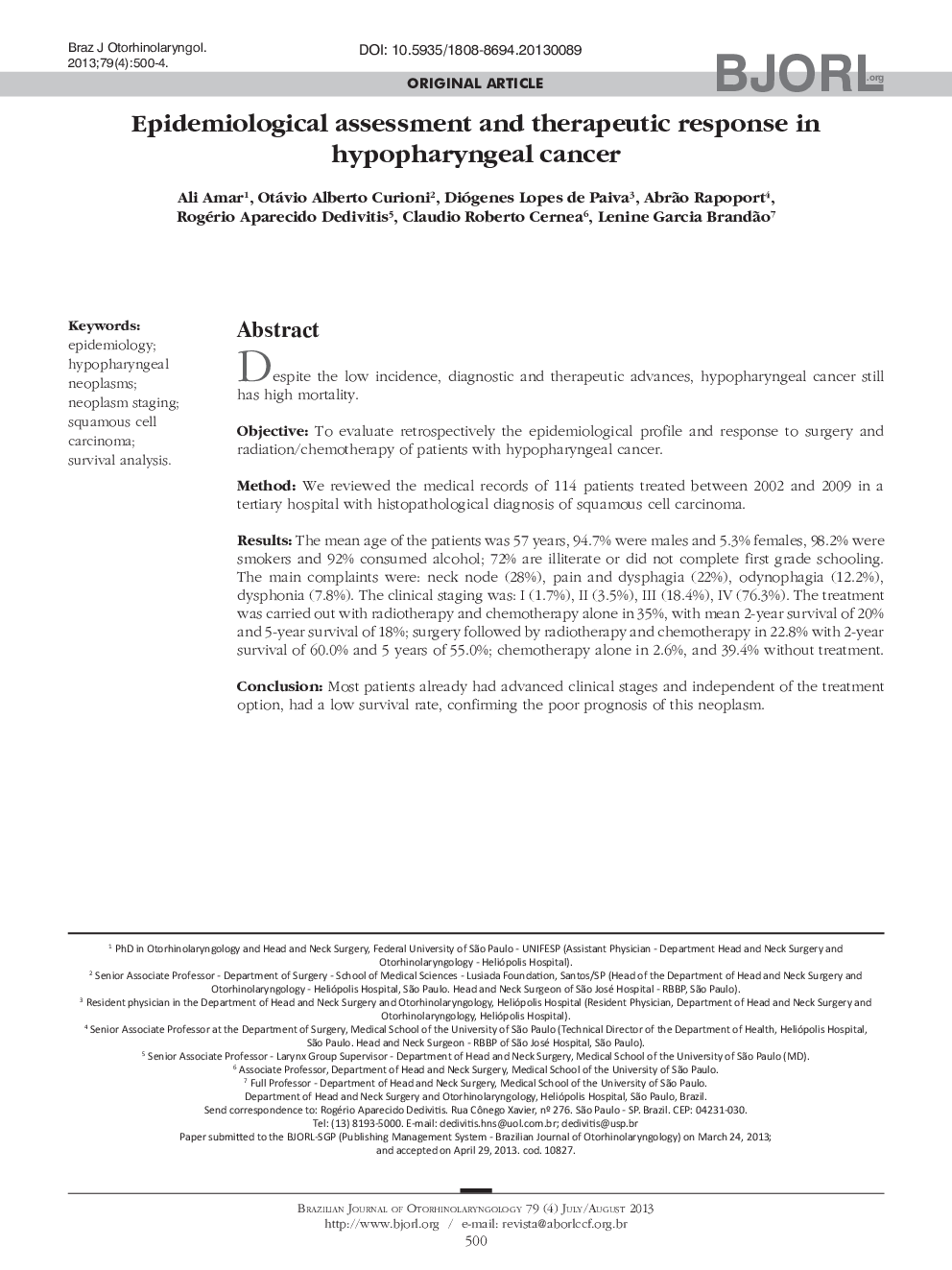 Epidemiological assessment and therapeutic response in hypopharyngeal cancer 