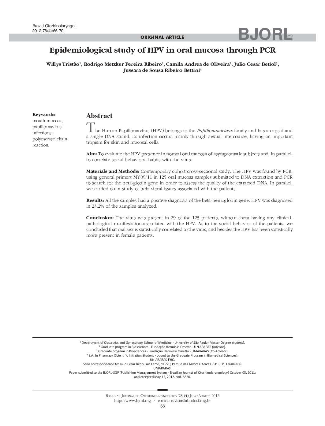 Epidemiological study of HPV in oral mucosa through PCR 