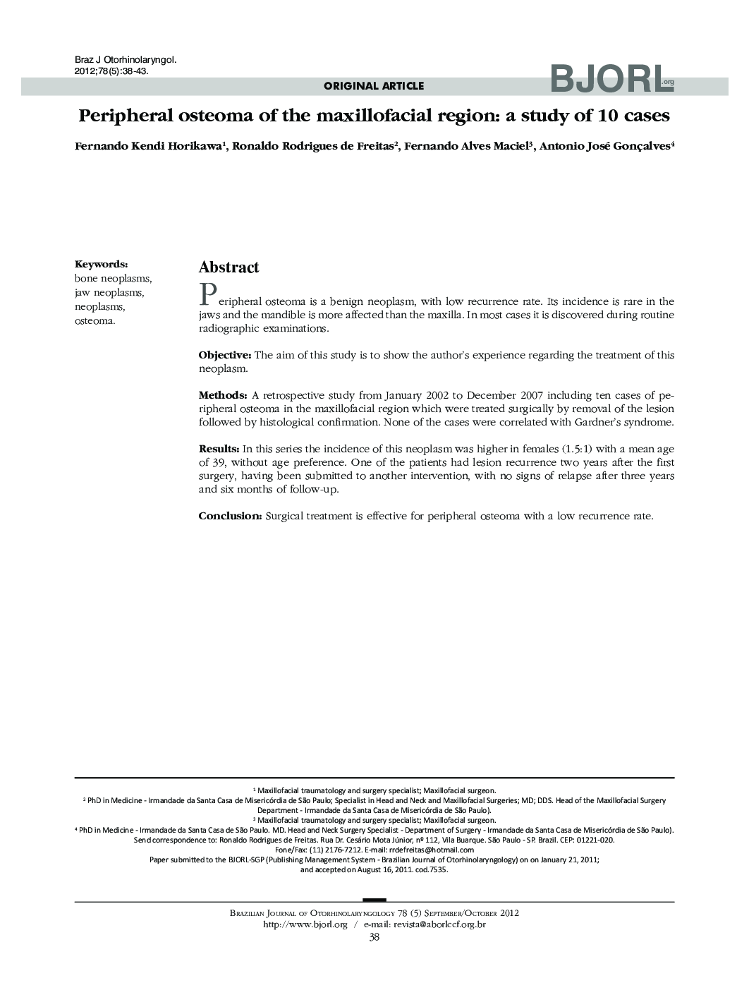 Peripheral osteoma of the maxillofacial region: a study of 10 cases 