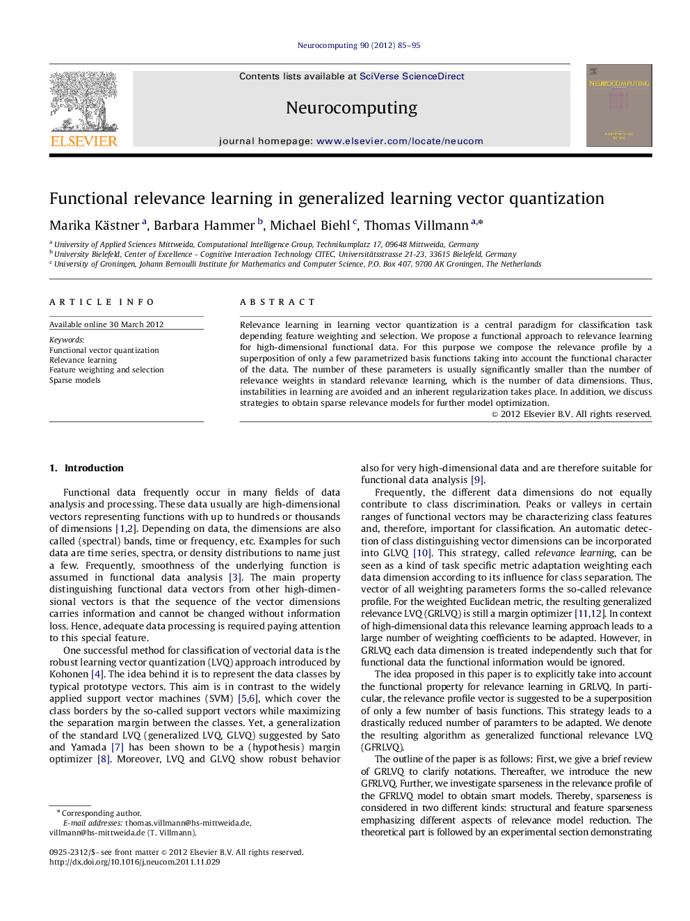 Functional relevance learning in generalized learning vector quantization