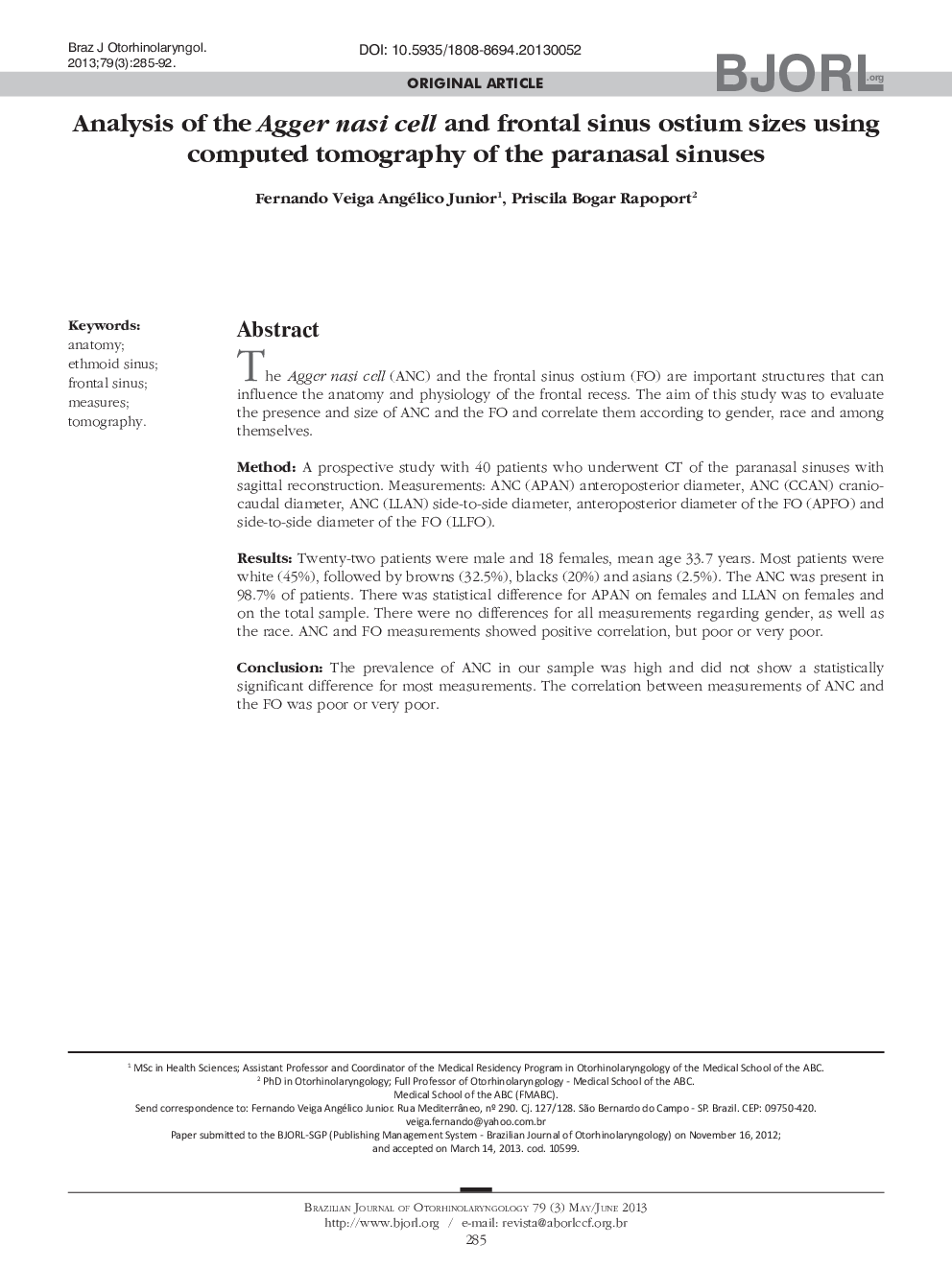 Analysis of the Agger nasi cell and frontal sinus ostium sizes using computed tomography of the paranasal sinuses 