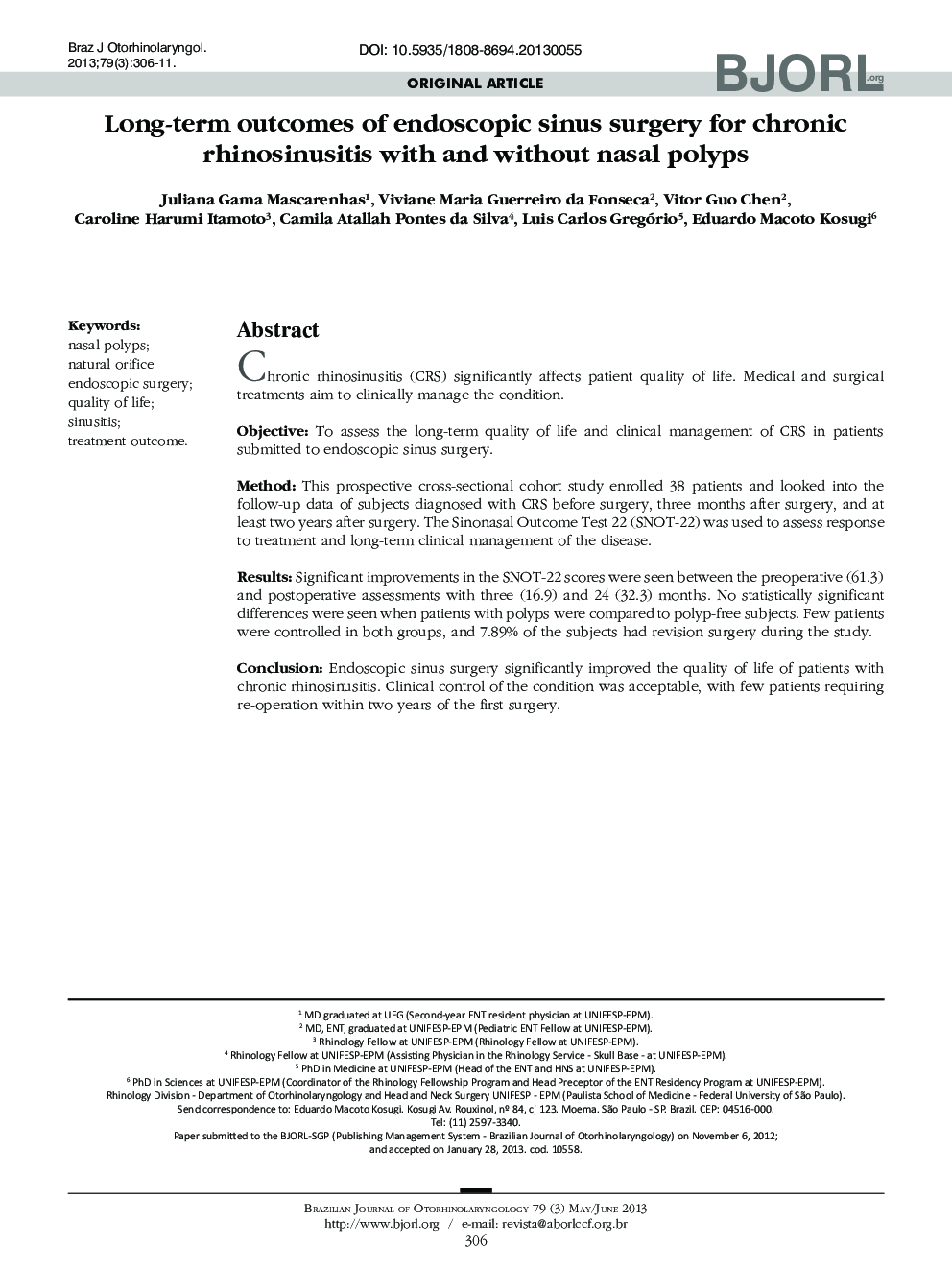 Long-term outcomes of endoscopic sinus surgery for chronic rhinosinusitis with and without nasal polyps 