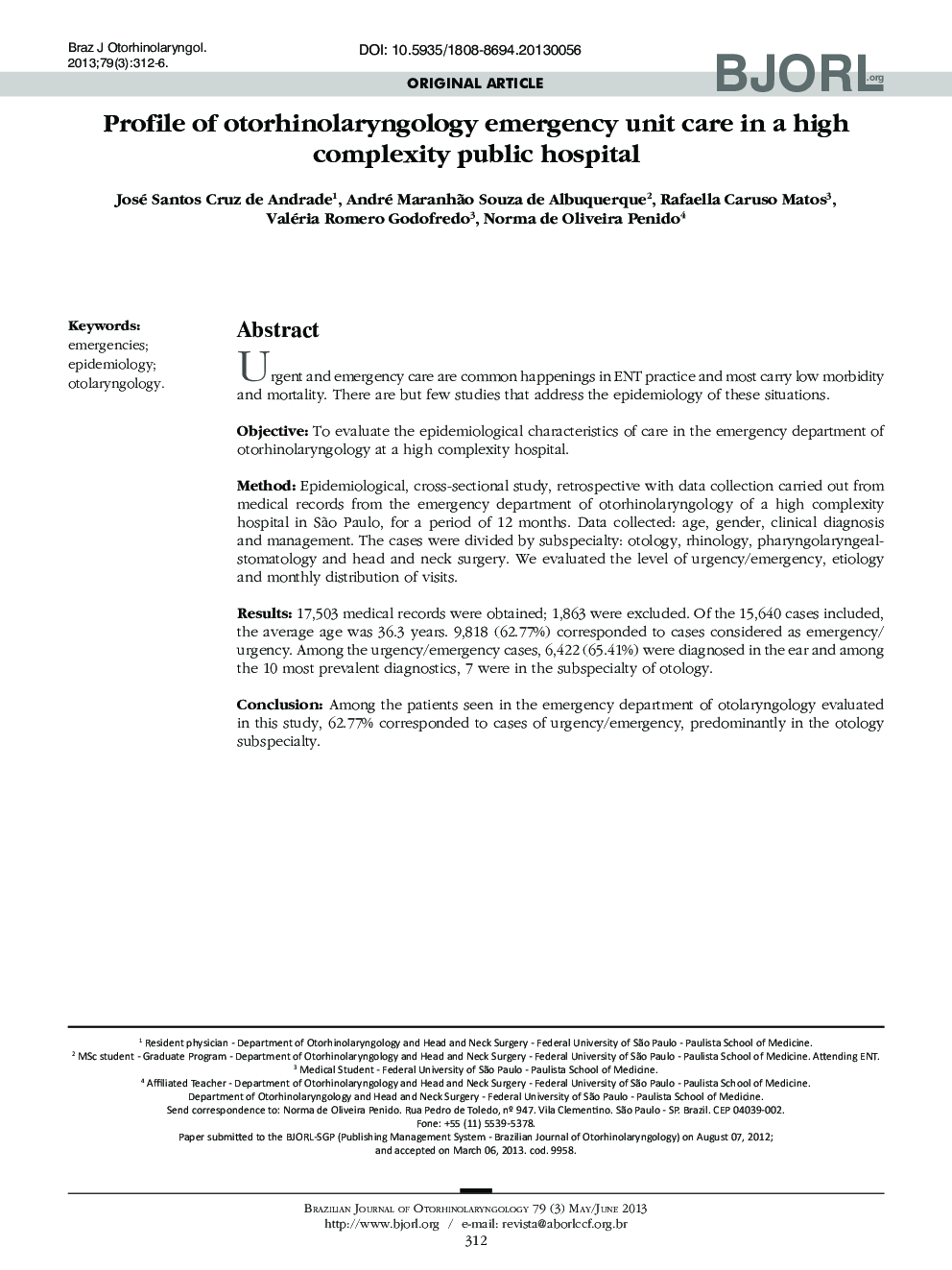 Profile of otorhinolaryngology emergency unit care in a high complexity public hospital 