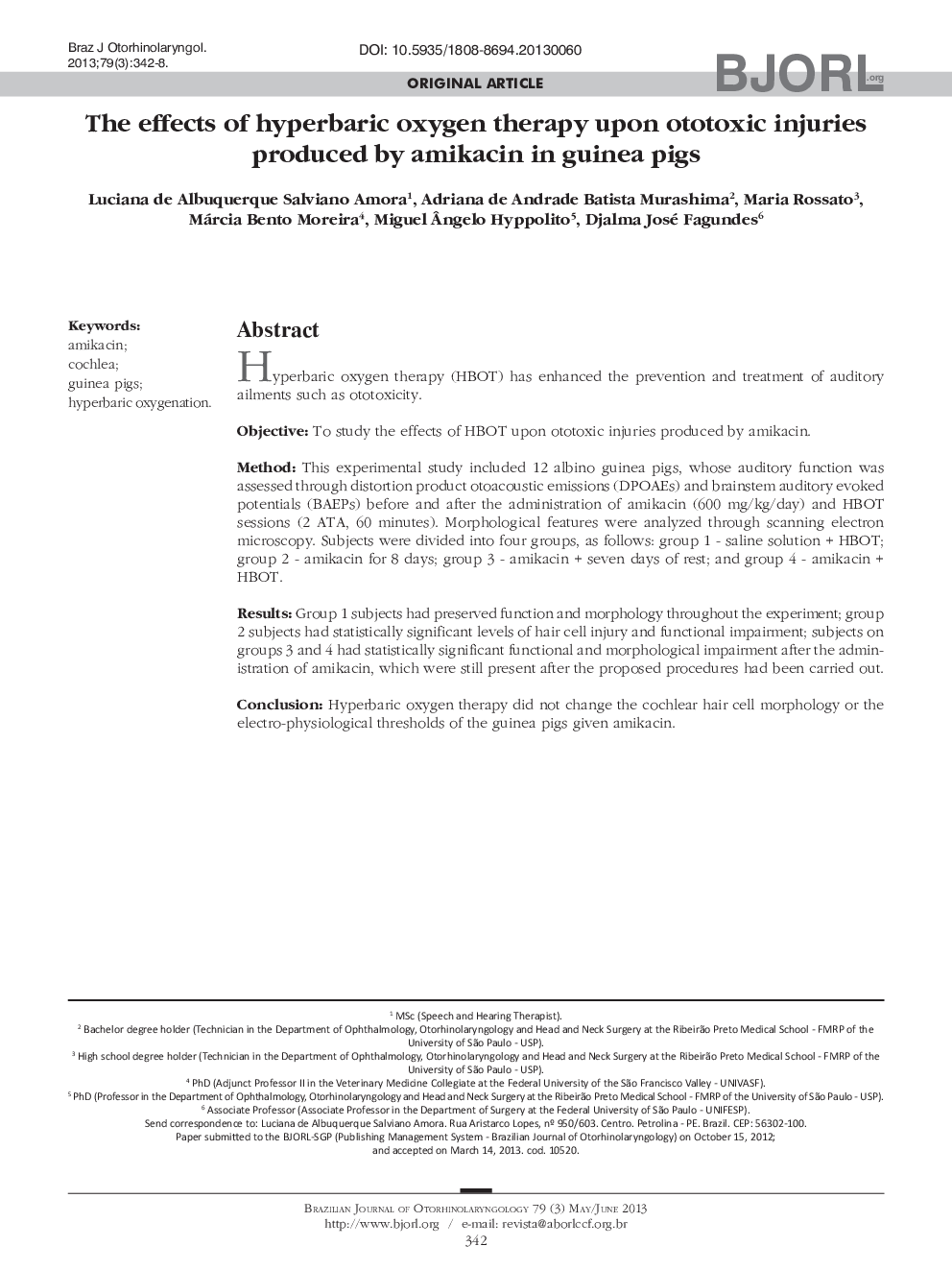 The effects of hyperbaric oxygen therapy upon ototoxic injuries produced by amikacin in guinea pigs 