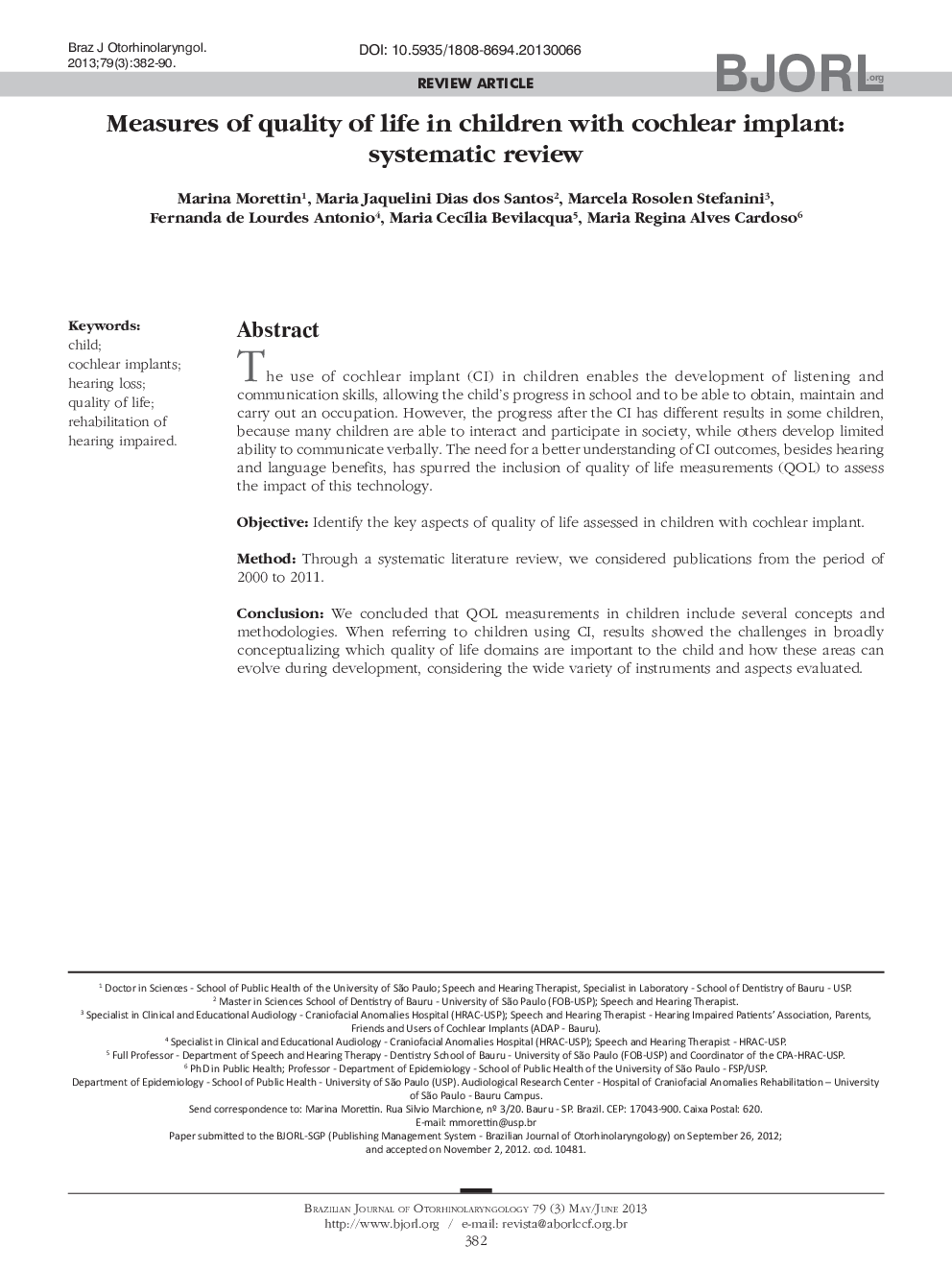 Measures of quality of life in children with cochlear implant: systematic review 