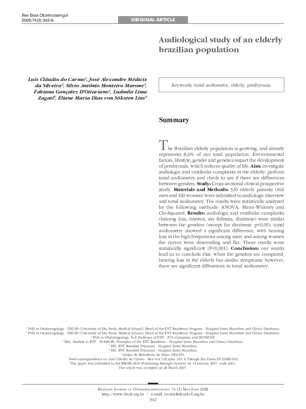 Audiological study of an elderly brazilian population 