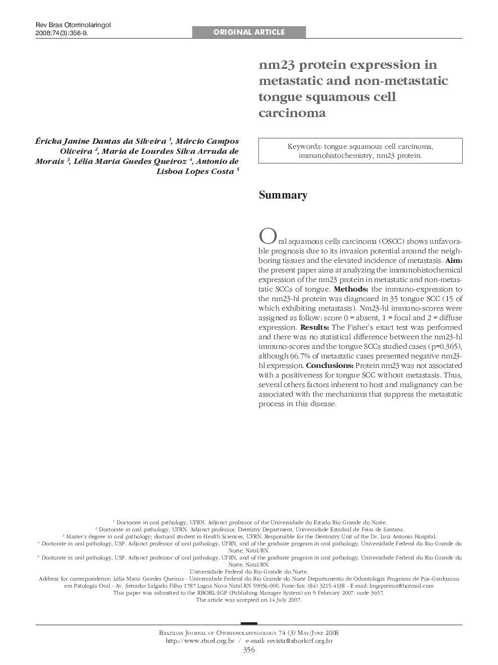 nm23 protein expression in metastatic and non-metastatic tongue squamous cell carcinoma 