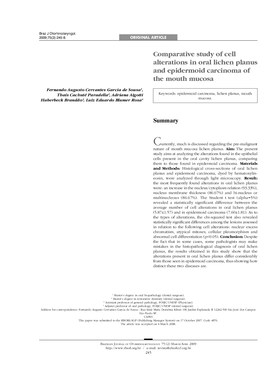 Comparative study of cell alterations in oral lichen planus and epidermoid carcinoma of the mouth mucosa 