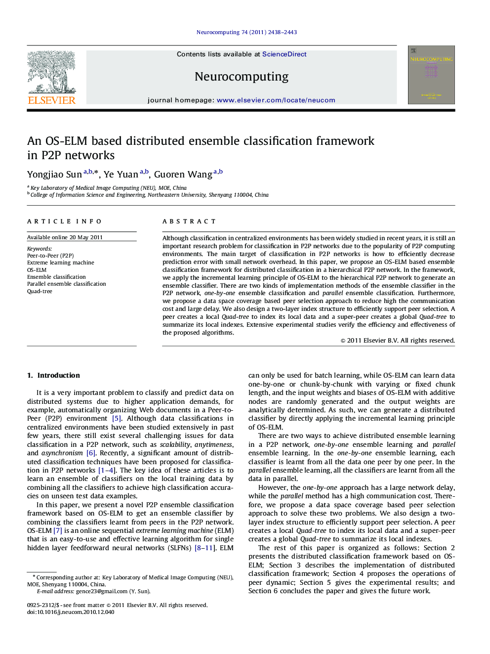 An OS-ELM based distributed ensemble classification framework in P2P networks