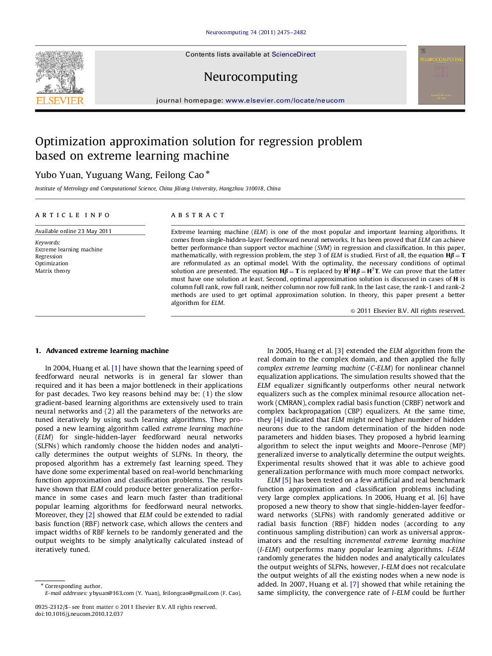 Optimization approximation solution for regression problem based on extreme learning machine