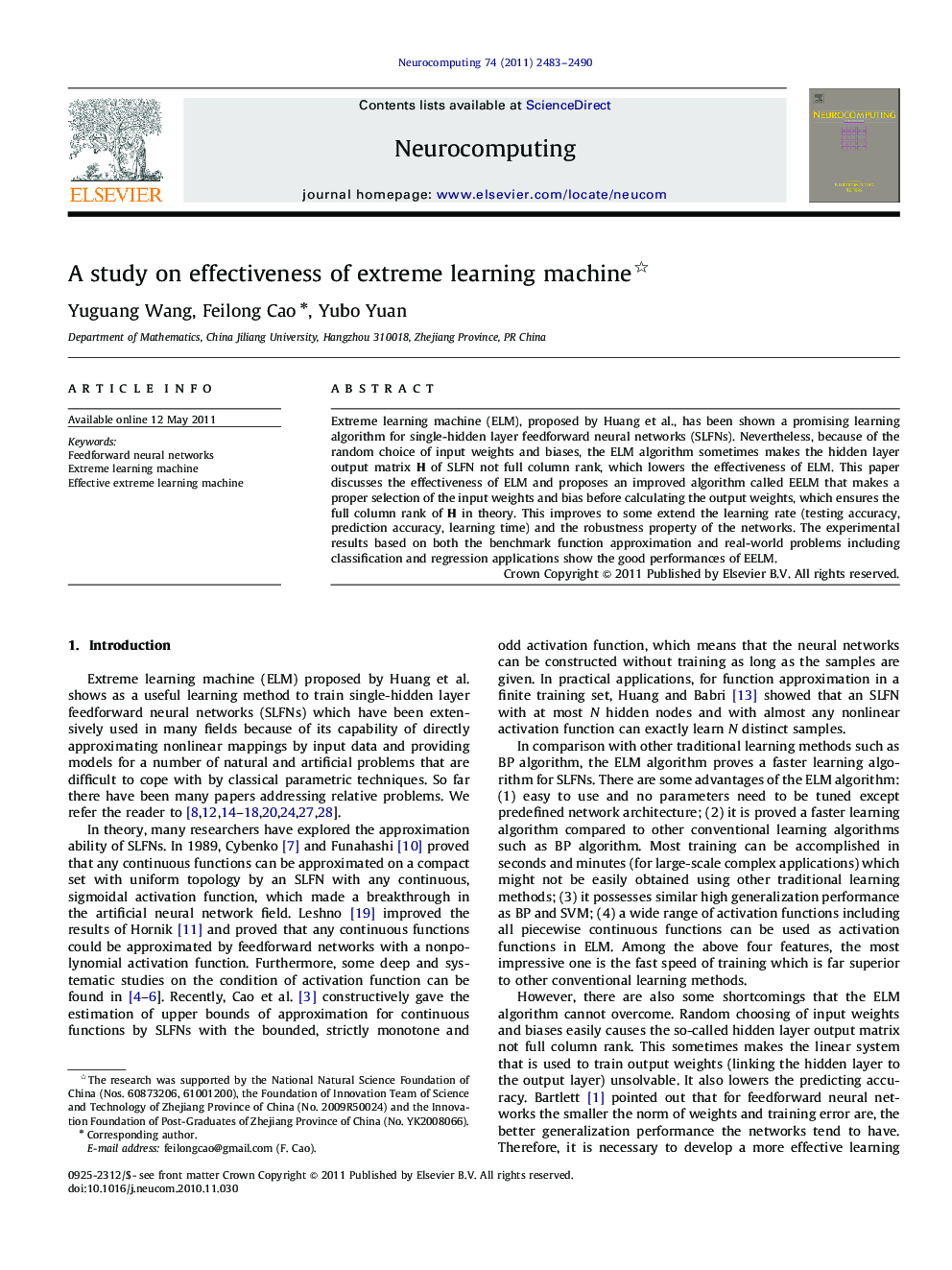 A study on effectiveness of extreme learning machine 