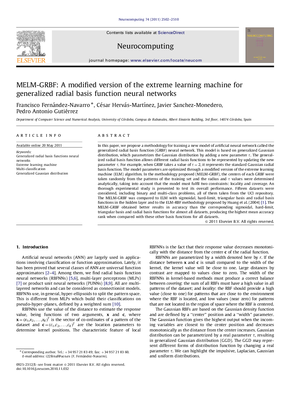 عکس صفحه اول مقاله: MELM-GRBF: A modified version of the extreme learning machine for generalized radial basis function neural networks MELM-GRBF: A modified version of the extreme learning machine for generalized radial basis function neural networks