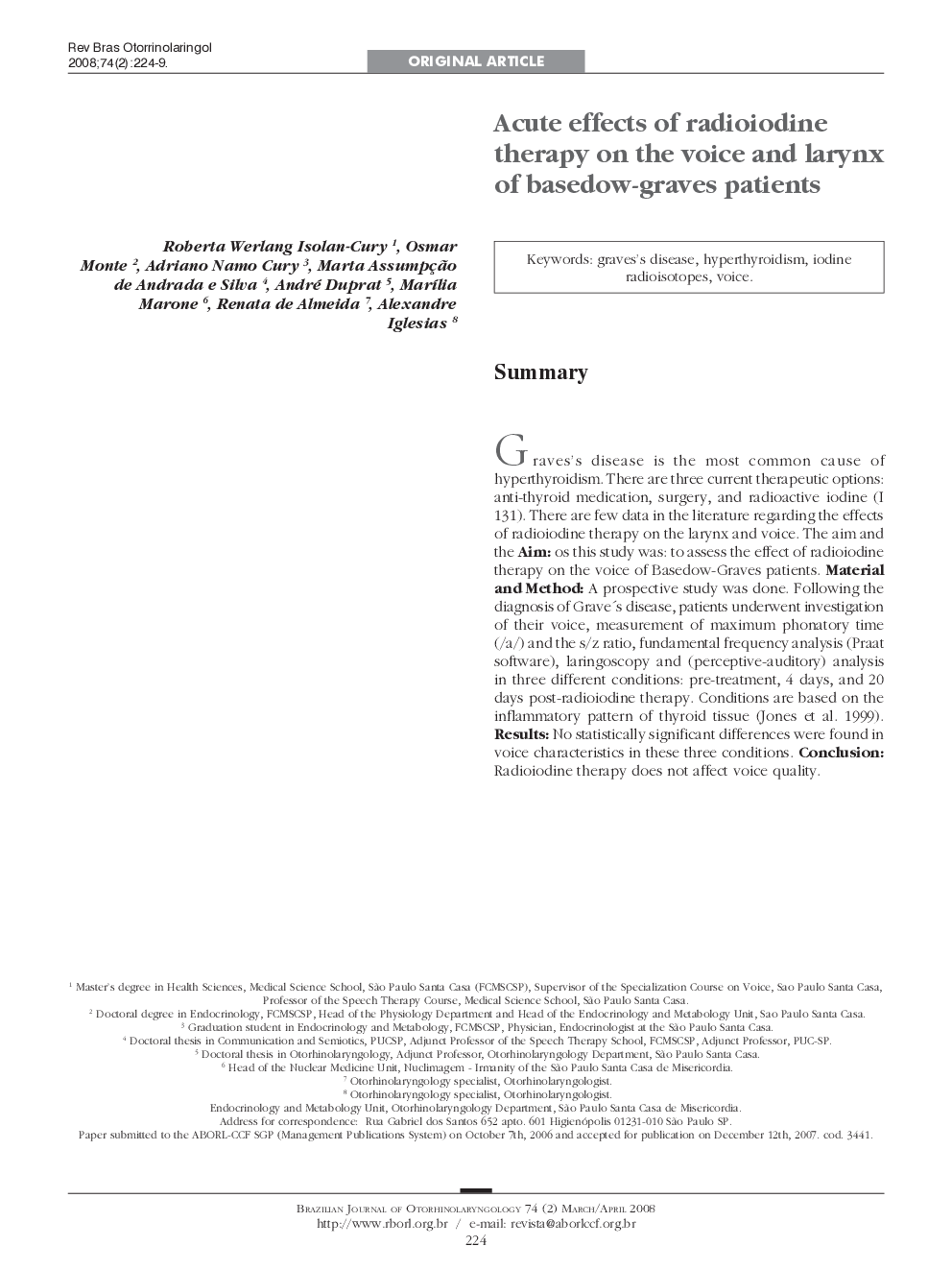 Acute effects of radioiodine therapy on the voice and larynx of basedow-graves patients