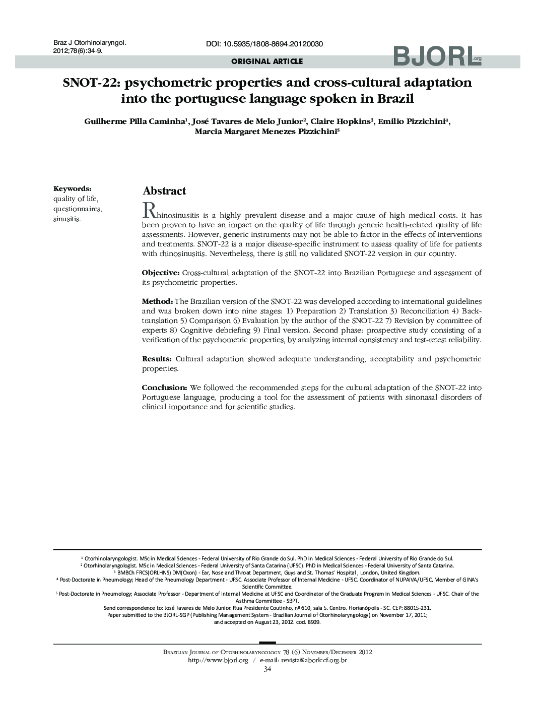 SNOT-22: psychometric properties and cross-cultural adaptation into the portuguese language spoken in Brazil 