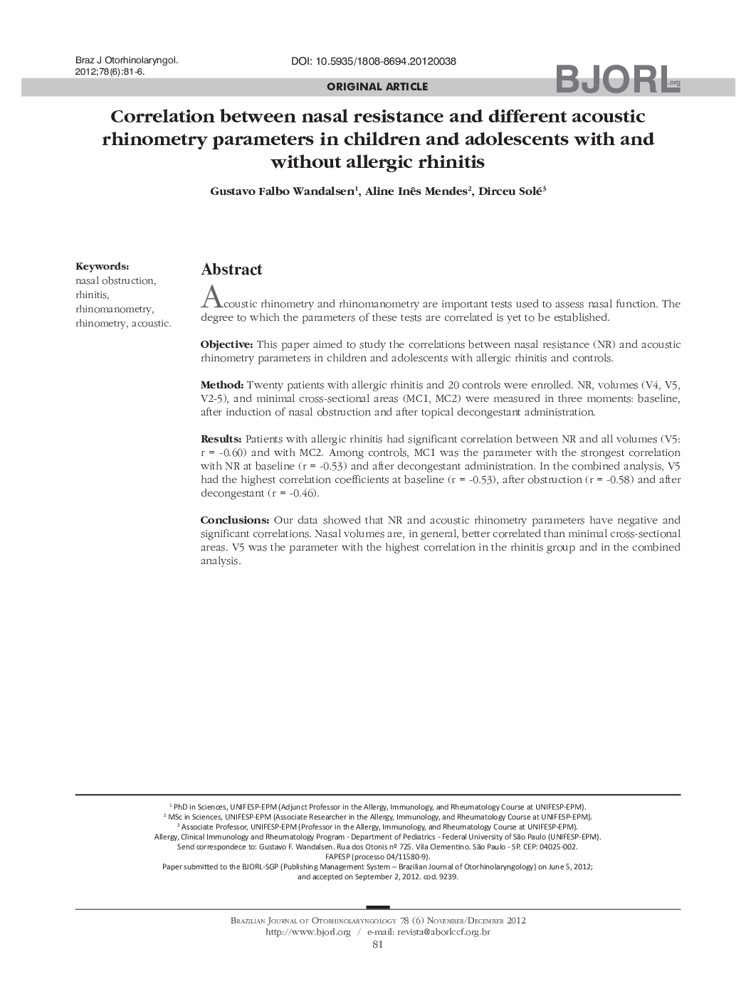 Correlation between nasal resistance and different acoustic rhinometry parameters in children and adolescents with and without allergic rhinitis 