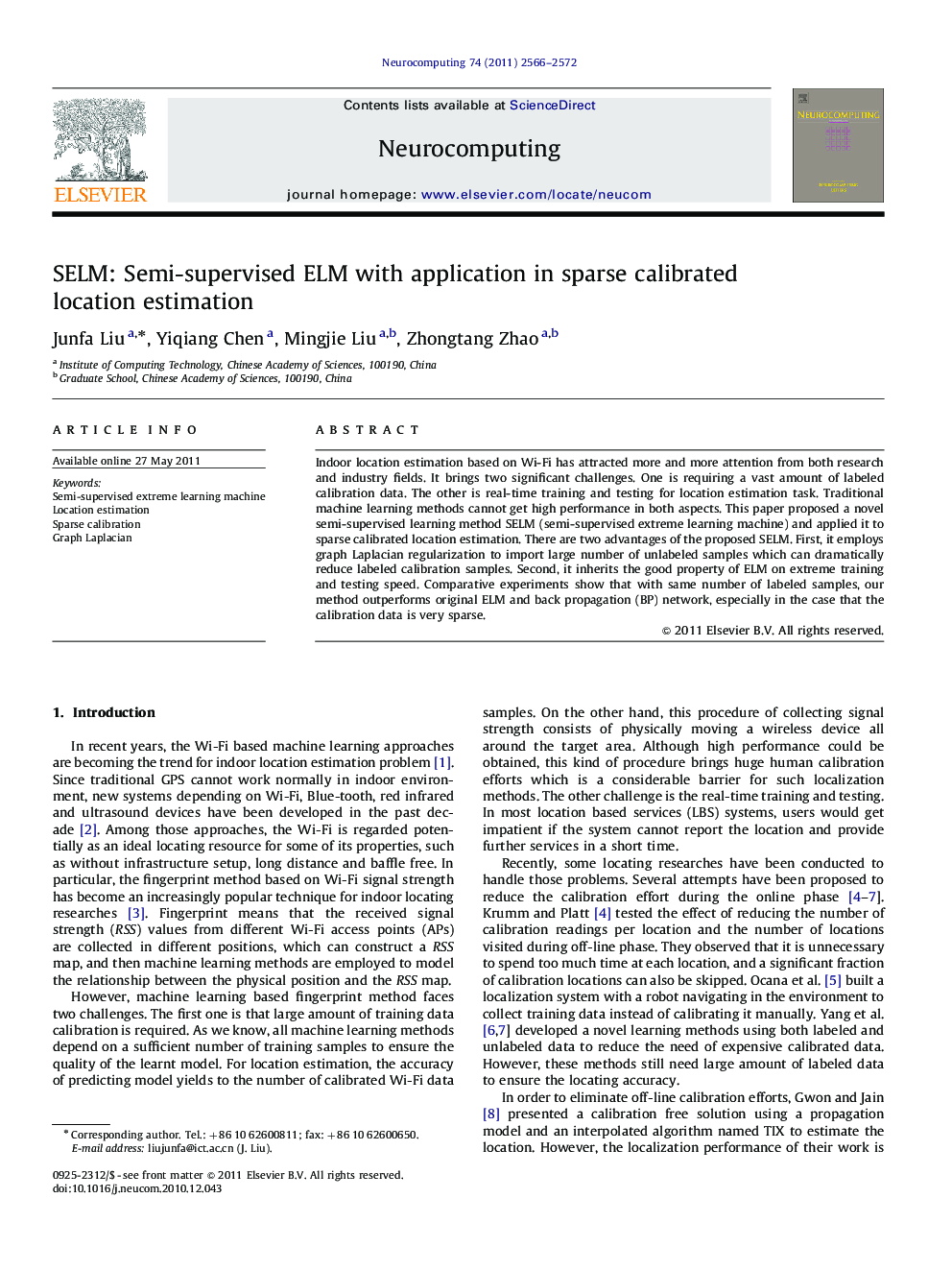 SELM: Semi-supervised ELM with application in sparse calibrated location estimation