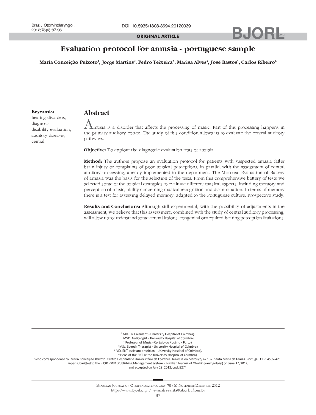 Evaluation protocol for amusia - portuguese sample 