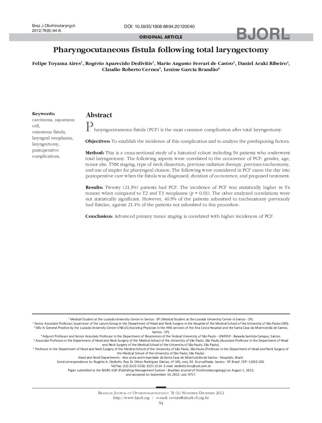 عکس صفحه اول مقاله: Pharyngocutaneous fistula following total laryngectomy Pharyngocutaneous fistula following total laryngectomy