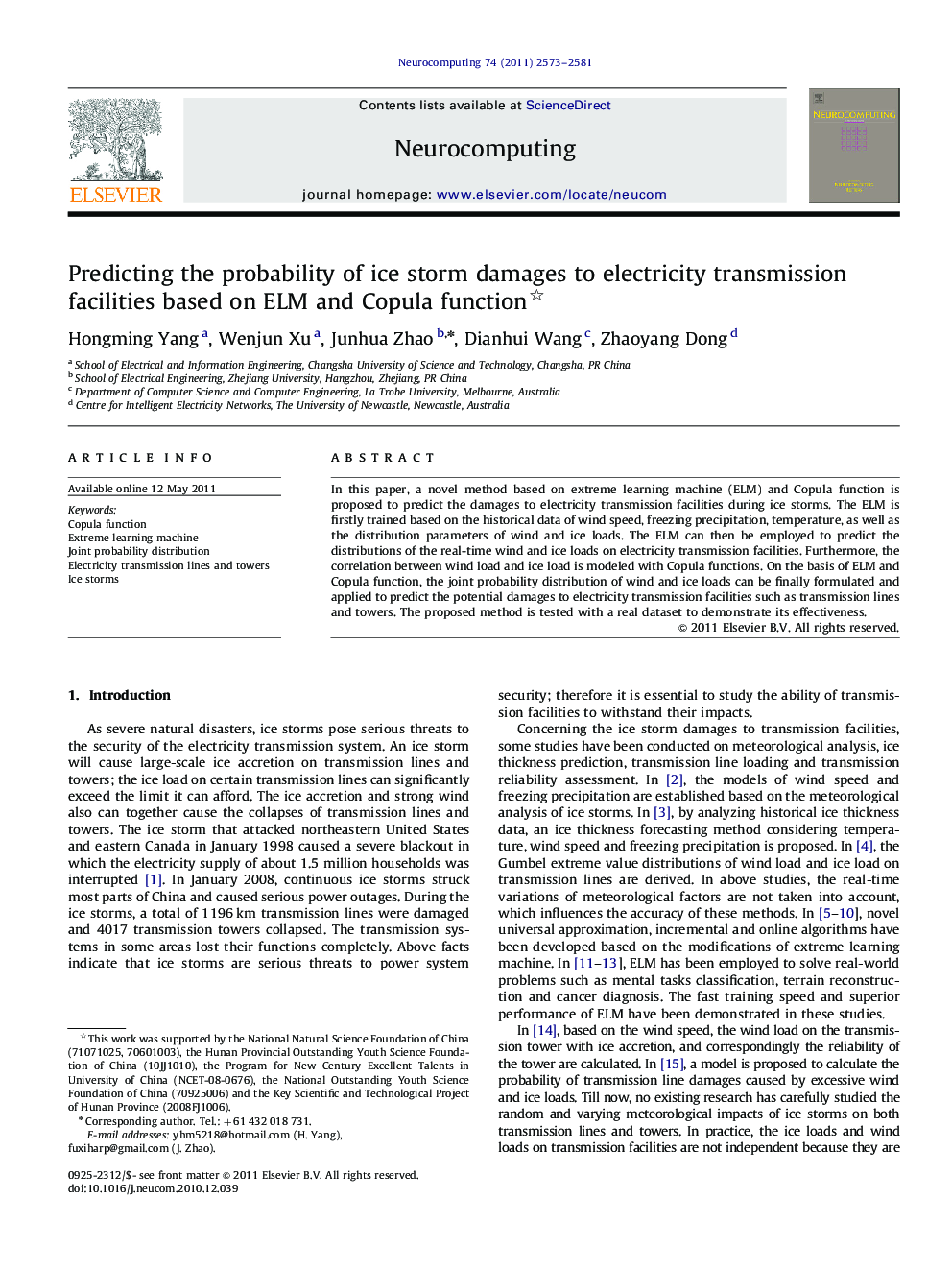 Predicting the probability of ice storm damages to electricity transmission facilities based on ELM and Copula function 