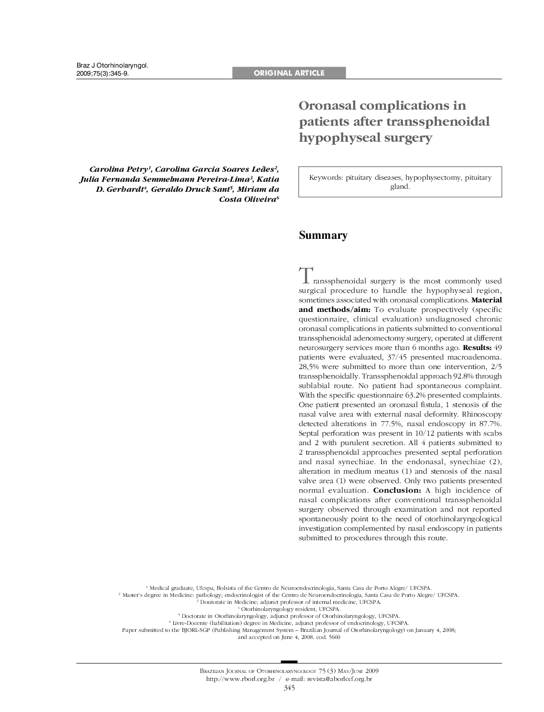 Oronasal complications in patients after transsphenoidal hypophyseal surgery 