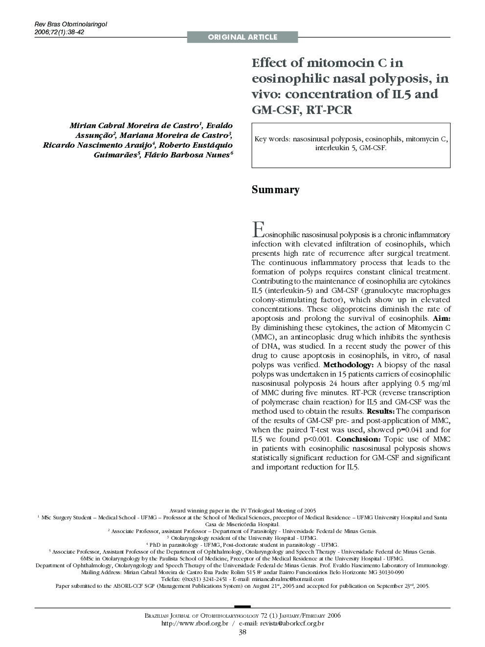 Effect of mitomocin C in eosinophilic nasal polyposis, in vivo: concentration of IL5 and GM-CSF, RT-PCR 